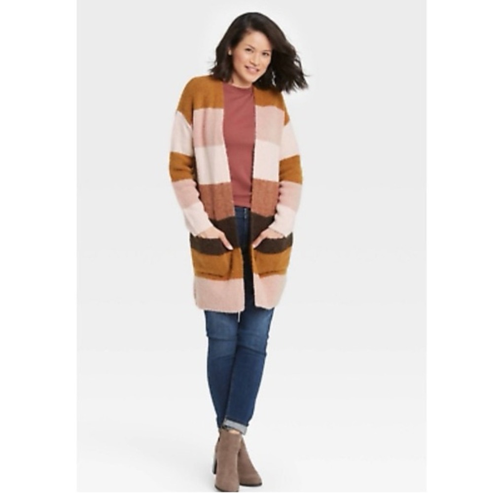 Knox Rose Medium Striped Cozy Longline Sweater Cardigan Pink Brown Pockets Fall